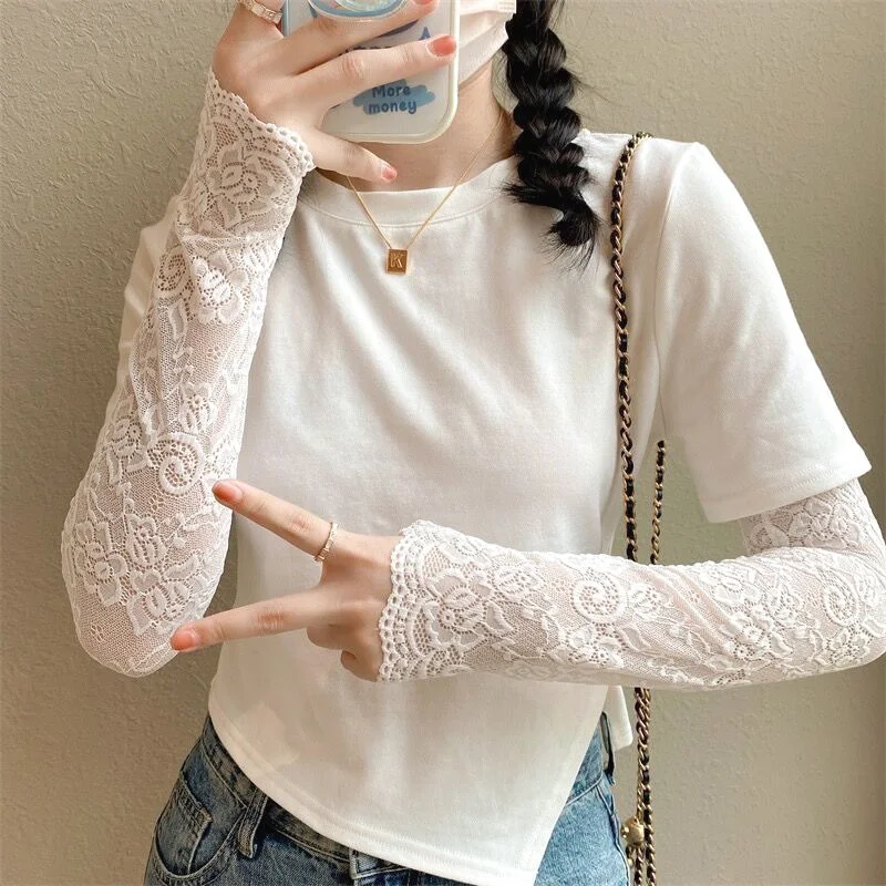 1pair Women Ice Sleeves Elastic Arm Sleeves Fingerless Long Gloves Lady Lace Arm Sleeve Sun Protection Arm Cover Fake Cuff