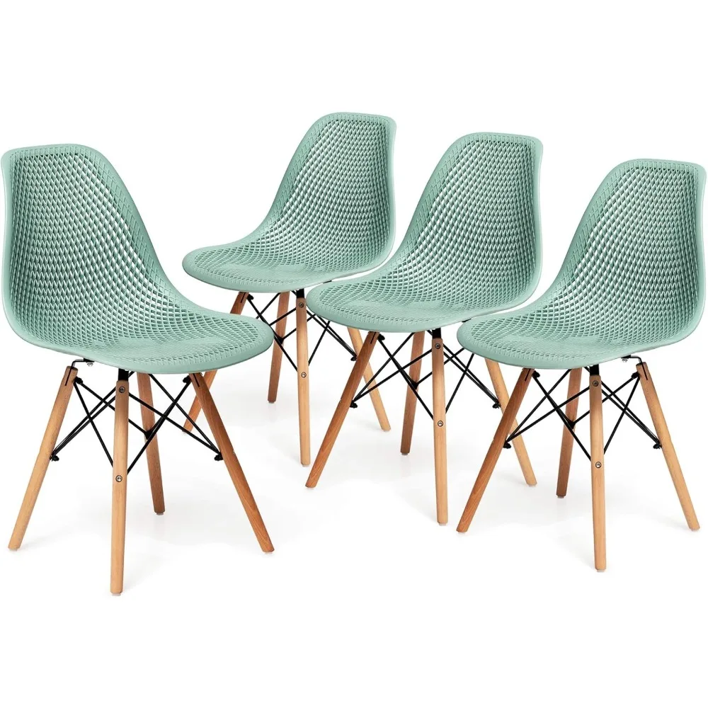 

Set of 4 Modern Dining Chairs, Outdoor Indoor Shell PP Lounge Side Chairs with Mesh Design, Beech Wood Legs, Tulip Leisure Chair