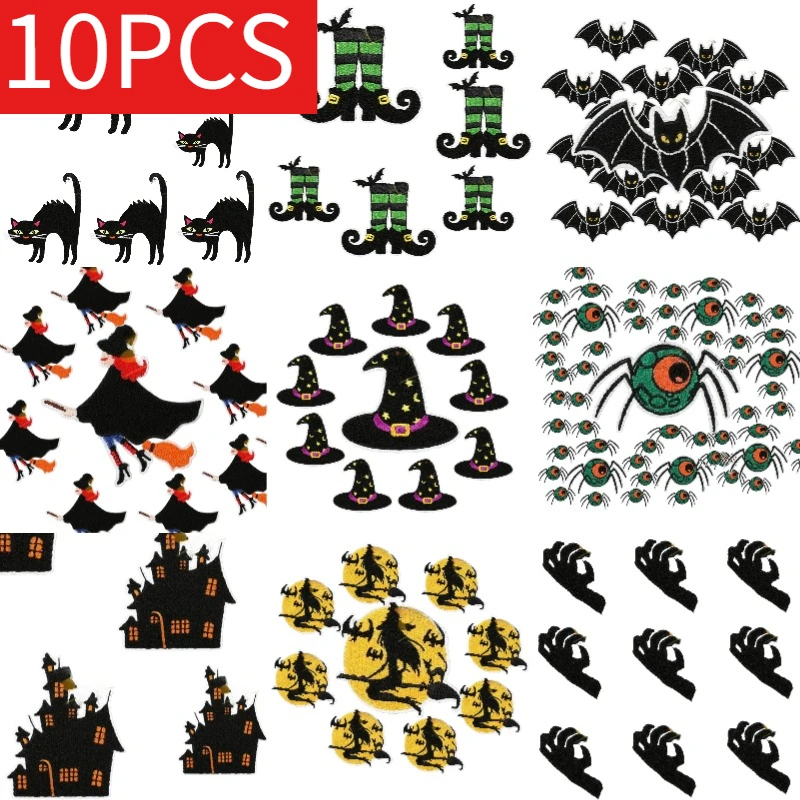 Cartoon Halloween Embroidery 10PCS Wholesale Iron on Lots of Patches Ghost Skull Set of Haunted House Spider Cat