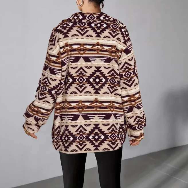 Vintage Aztec Print Shacket Button Down Lapel Collar Long Sleeve Pockets Loose Fit Warm Fuzzy Cozy Winter Outerwear Lady Coat