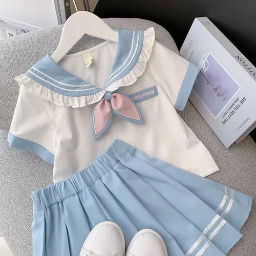 2024 الصيف Kawaii قميص مطوي تنورة الفتيات الملابس لطيف الأزرق الوردي قصيرة الأكمام JK طالب موحدة 2 قطع 4 إلى 15 سنة