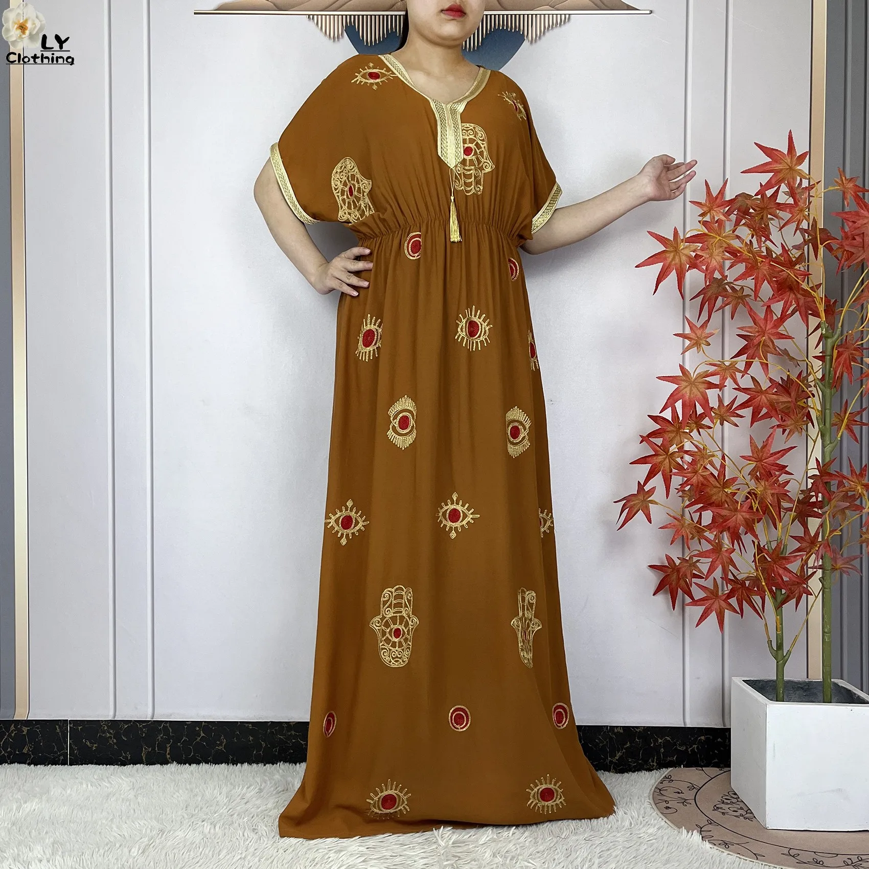 فستان نسائي أنيق عالي الجودة لعام 2025 مطرز بالقطن دبي موضة بوبو ماكسي إسلام ملابس نسائية بأكمام قصيرة عباية إسلامية #6