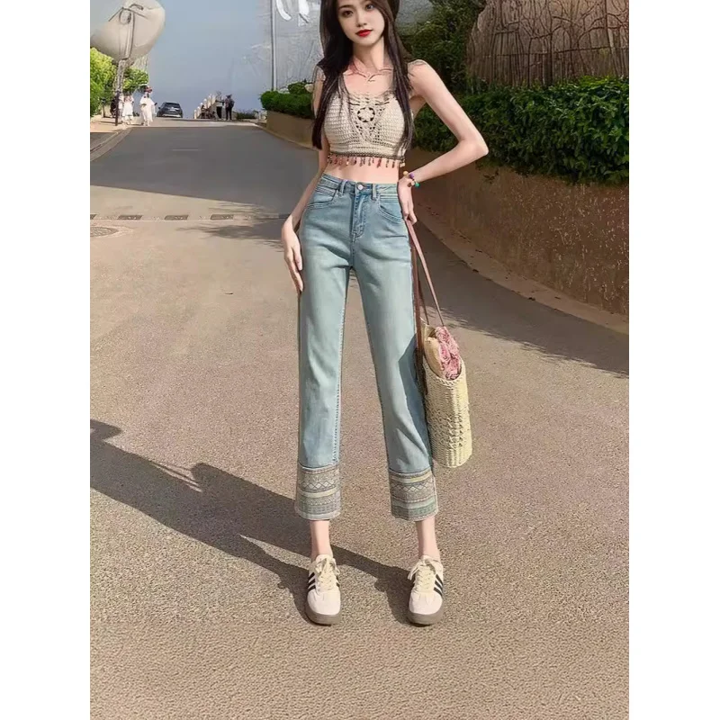 

New Chinese Style Straight Jeans for Women Summer2025Popular New High Waist Slimming Small Light Color Cigarette Pants