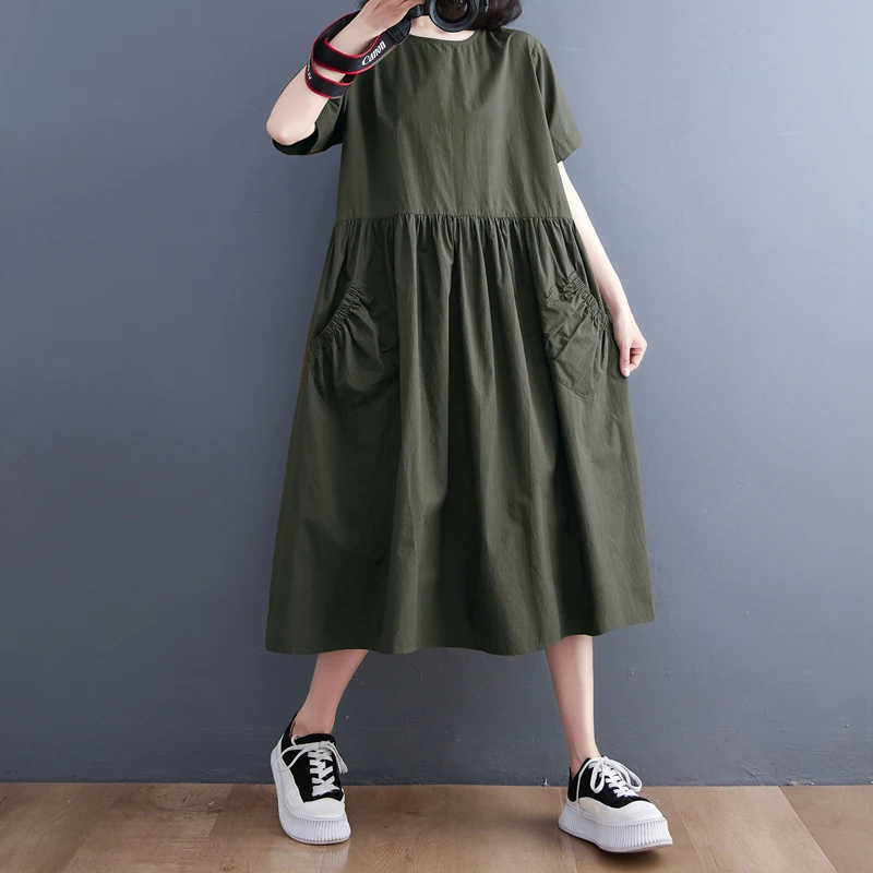 Originale estivo da donna artistico retrò Sle giapponese sciolto casual colore puro Dr Tu Ins abbinato tutto cotone Maxi Dr