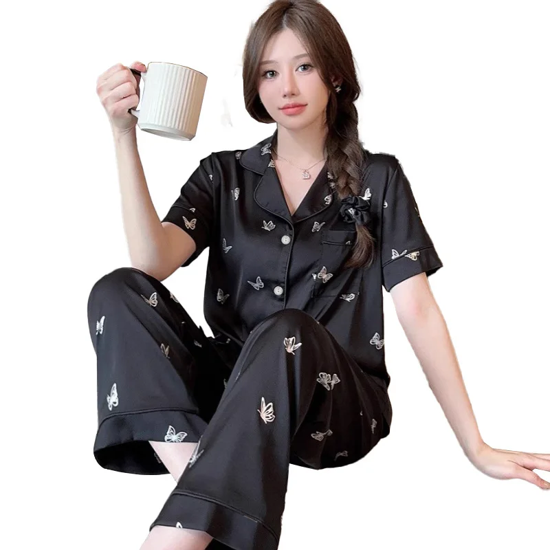 Butterfly Print Pajamas Set for Women Summer Room Wear Setup Satin Silk Pajamas Pajama Sleepwear Loungwear Pants Set Home Suits