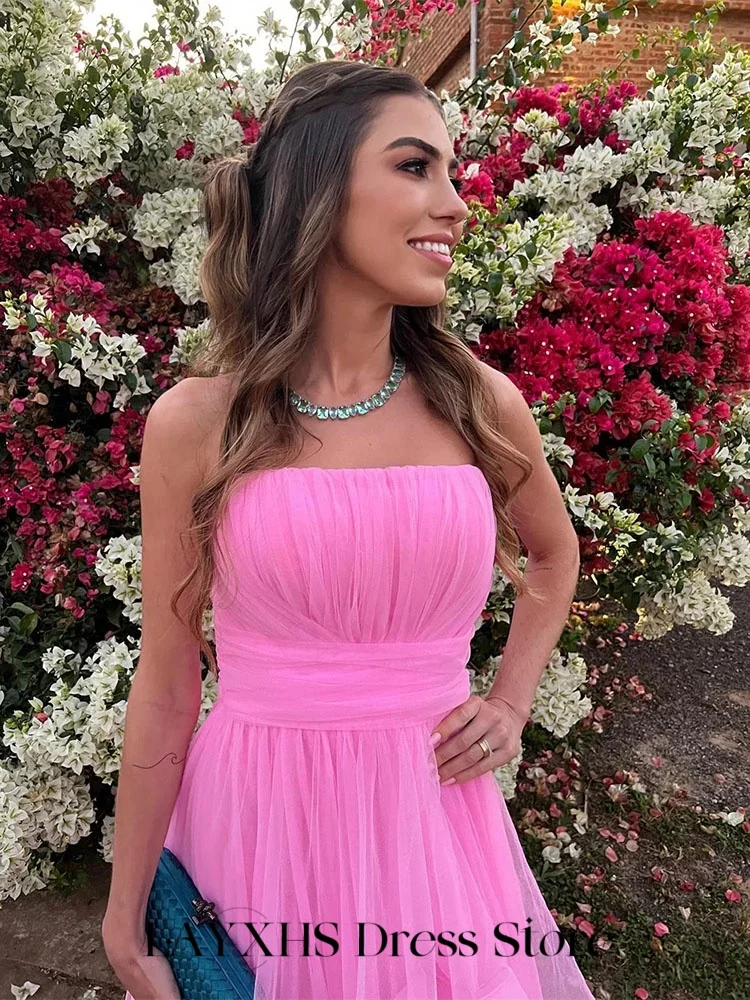 LAYXHS ง่ายชุดราตรีสีชมพู A-Line Tulle Tiered Ruffle อย่างเป็นทางการ PARTY PROM Dresses ที่กําหนดเอง FBستانة