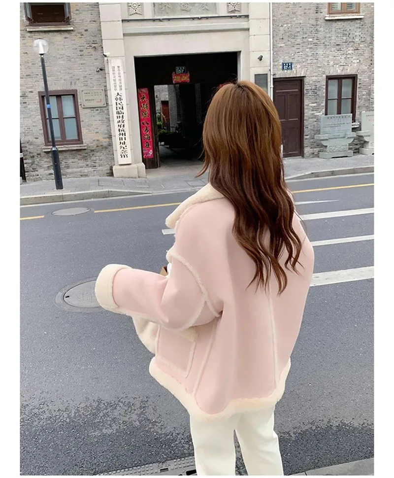 Winter New Arrivals Popular Korean-Style Soft Faux Shearling Fleece-lined Thick Motorcycle Jacket Solid Color Pink Khaki