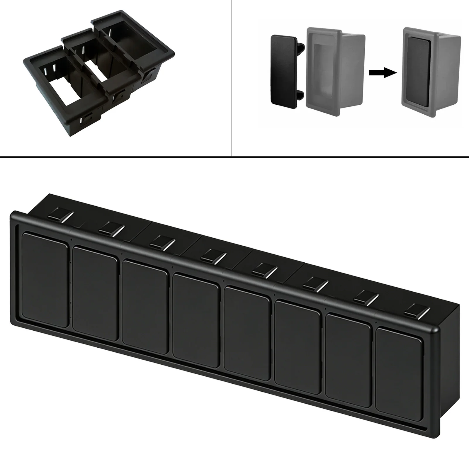 Car ABS Rocker Switch Panel Dash Housing with Reserved Slots Flush Mount & Clip Type DIY Bracket Frame for 1/2/3/4/5/6/7/8 Gang