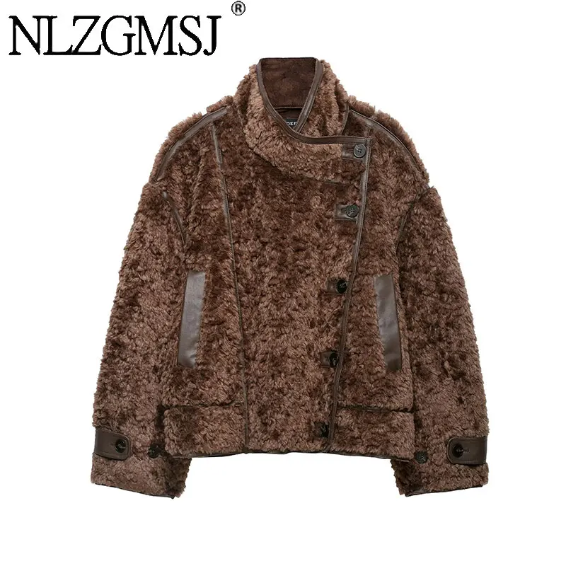 NLZGMSJ 2026 Autumn Winter High Street Vintage Thick Women Jacket Faux Fur Long Sleeve Loose Jacket Fashion Jacket