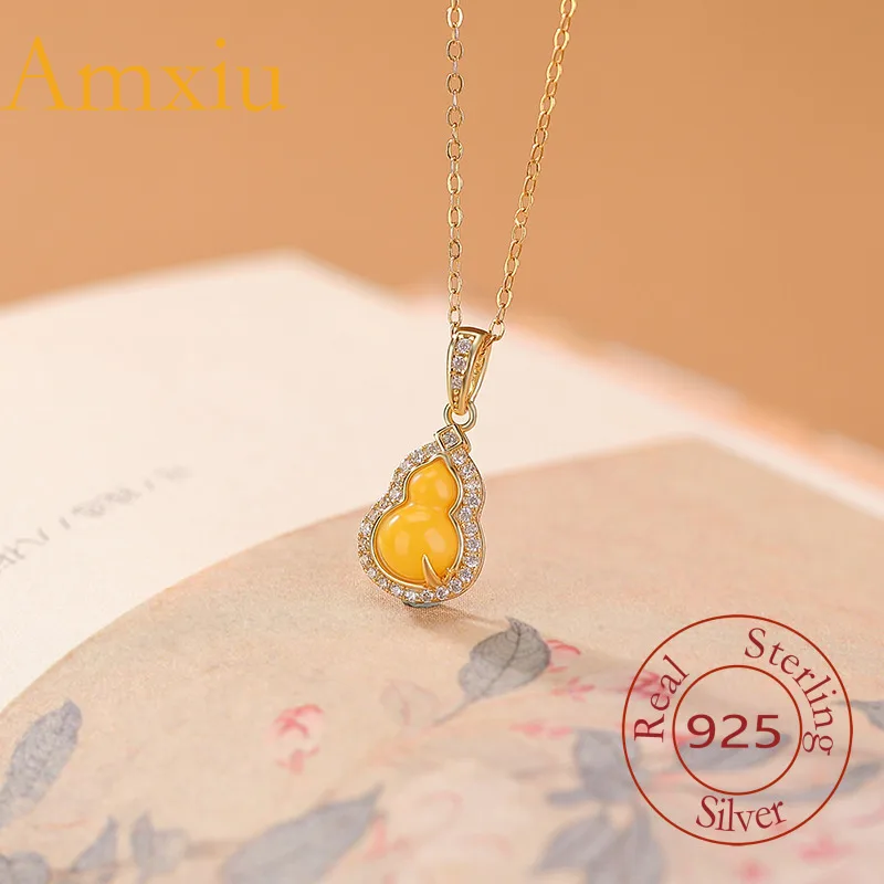 

Amxiu Sterling Silver 925 Gold-Plated Amber New Chinese Style Elegant Versatile Bamboo Leaf Gourd Pendant