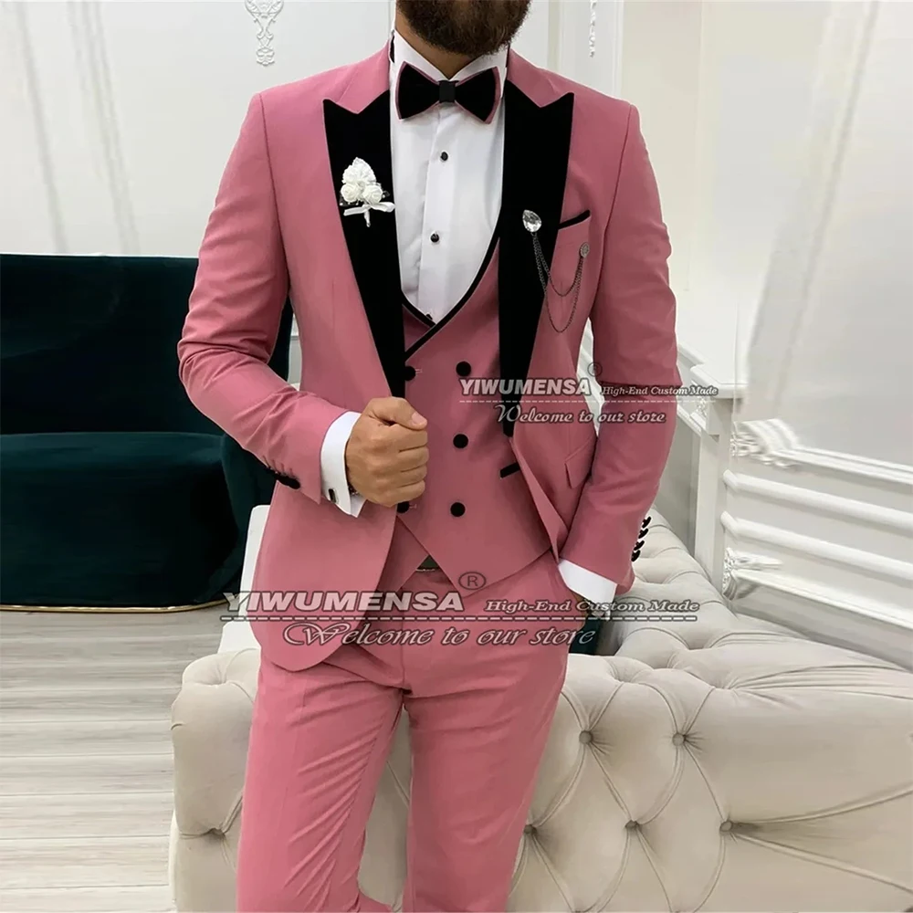 

Pink Suits Men Slim Fit Black Lapel Jacket+Vest+Pants 3 Pieces Set Wedding Tuxedos England Style Business Office Work Wear Dress