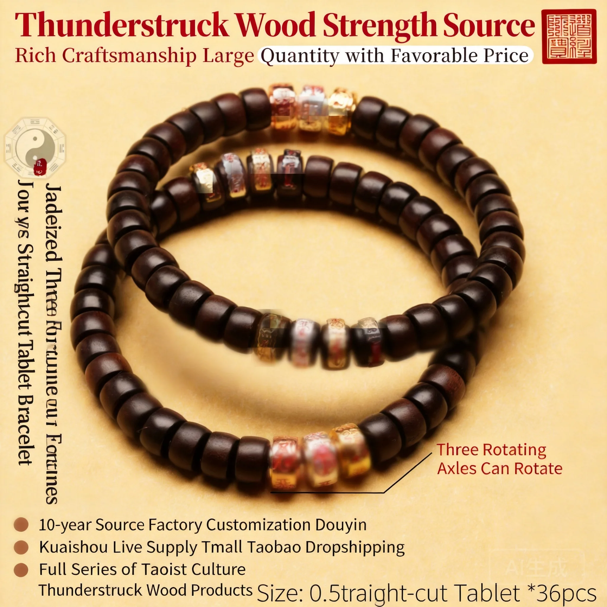 

Chinese Traditional Taoism Lucky Thunder Struck Jujube Wood Bracelet Jadeized 0.5x0.8cm Flat Cut 36 Beads Three Wealth Four Bles