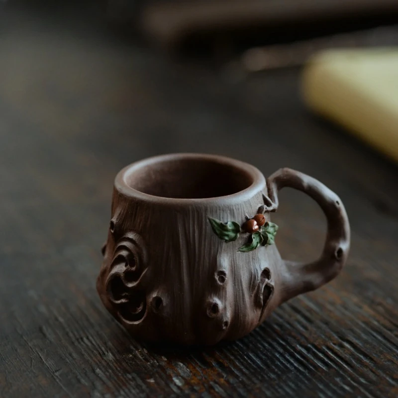 Yixing handmade purple clay cup, tea cup, purple clay strap, master cup, sticker, plum stump, tree stump, single cup