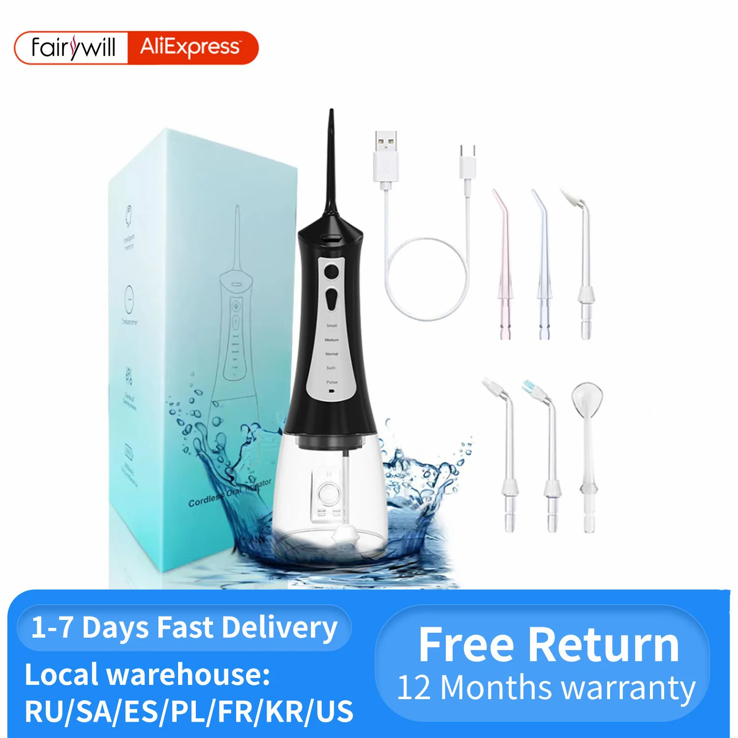 Fairywill Water Flosser 5 Mode Portabel Dapat Diisi Ulang Jet Air Gigi 6 Nozel Tahan Air 300ML Tangki Irigator Mulut untuk Gigi