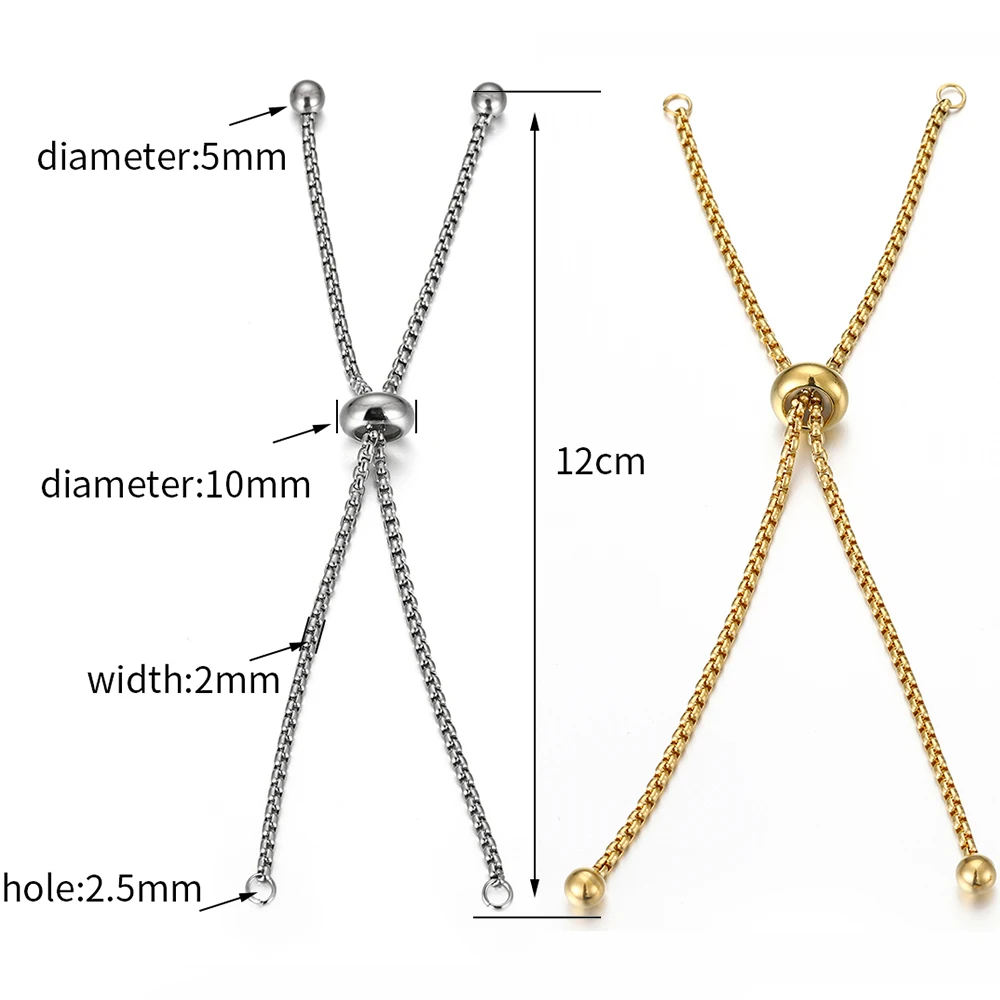 Aço inoxidável Pulseira Slider, Cadeia Ajustável com End Bead, Cor do Ouro, Fazer Jóias, Descobertas DIY Componente, Não Fade, 3Pcs