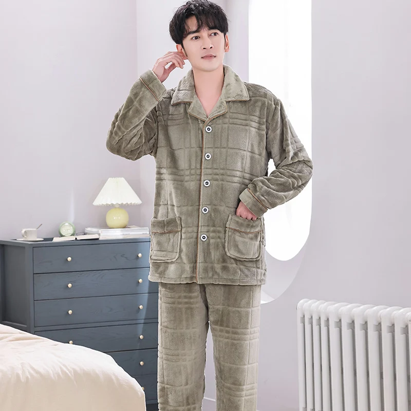Men Thick Flannel Pajamas Big Yards L-3XL Solid Color Pajama Sets Sleepwear Long Sleeve Tops + Long Pants Pyjamas Home Clothing