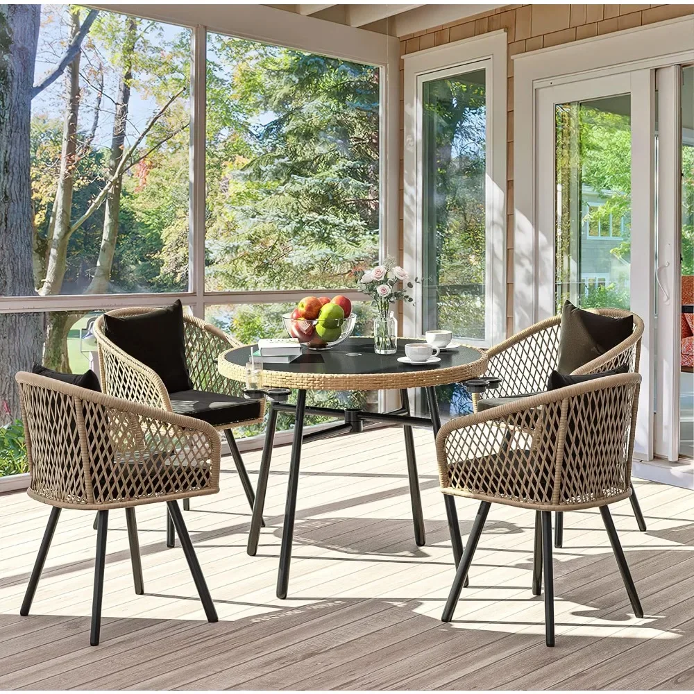 5-Piece Outdoor Dining Set with Umbralle Hole,  Dinging Set for 4 with Cup Holders Soft Cushions and Glass Top Dining Table