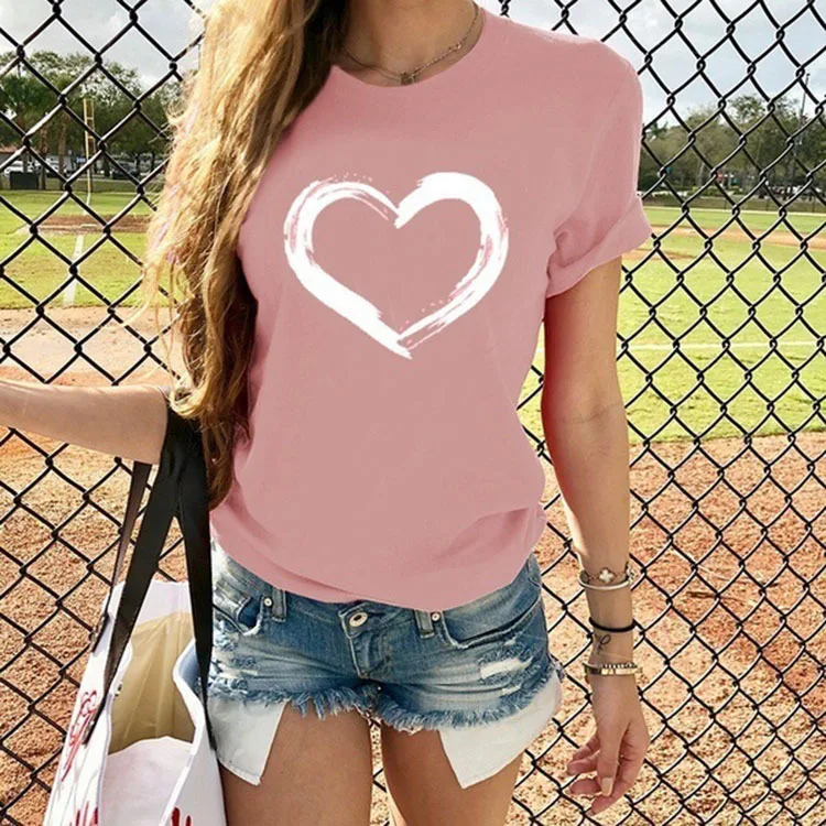 Women's T-shirt Round Neck Short Sleeve Printed Top Tee Loose Comfort Heart Fashion Casual Versatile 2024 Summer