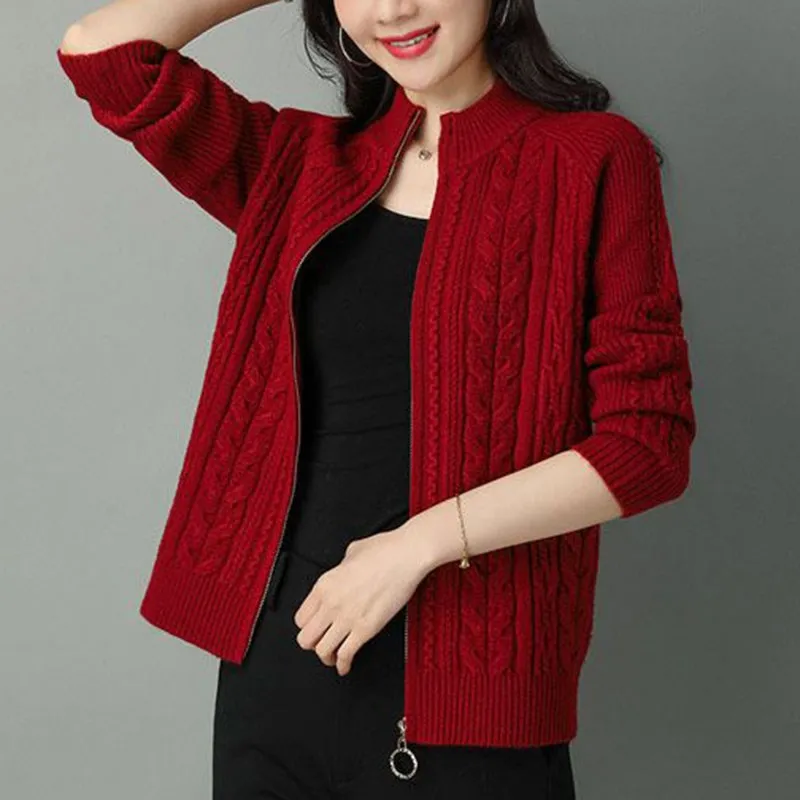 2024 Half High Collar Zipper Knitted Cardigan Jacket Women fall New korean Style  long Sleeve Cardigans Thicken Sweater Coat