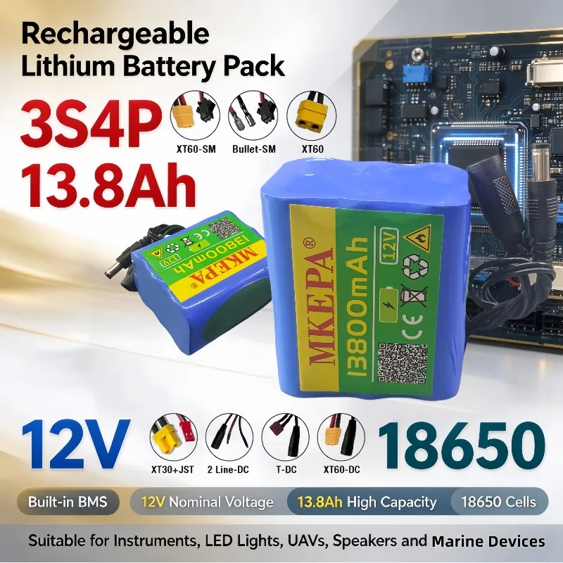 18650 Lithium Battery 3S4P 12V 13.8Ah Built-in BMS Suitable for LED Lighting, Instruments, UAV, Ship, Traffic Sign
