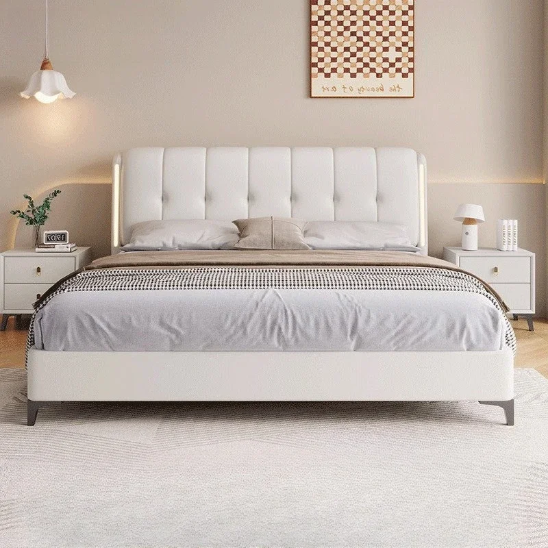 S Cream White Bed Modern Minimalist Master Bedroom Bed Frame Light Luxury Comfortable Bases E Armações De Cama Interior Furnitur