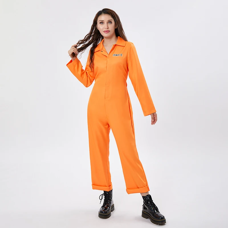 Fato de prisão para adultos, roupas de Halloween, prisioneiro laranja, uniforme de prisioneiro masculino e feminino, figurino, festa de vestir