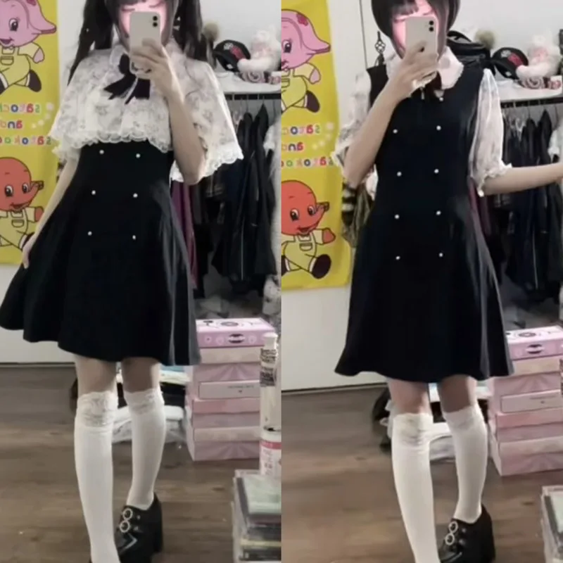 Bow Y2K Dresses Japan Shawl Detachable Dual Use Splicing Lapel Home Subculture Dress 2 Piece Set Summer Cute Outfit Dresses New