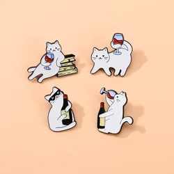 4PCS/Set Cartoon Red Wine Cat Enamel Badges Book Sunglass Cute Whiskey White Cat Metal Pins For Backpack Hat Punk Lapel Brooch