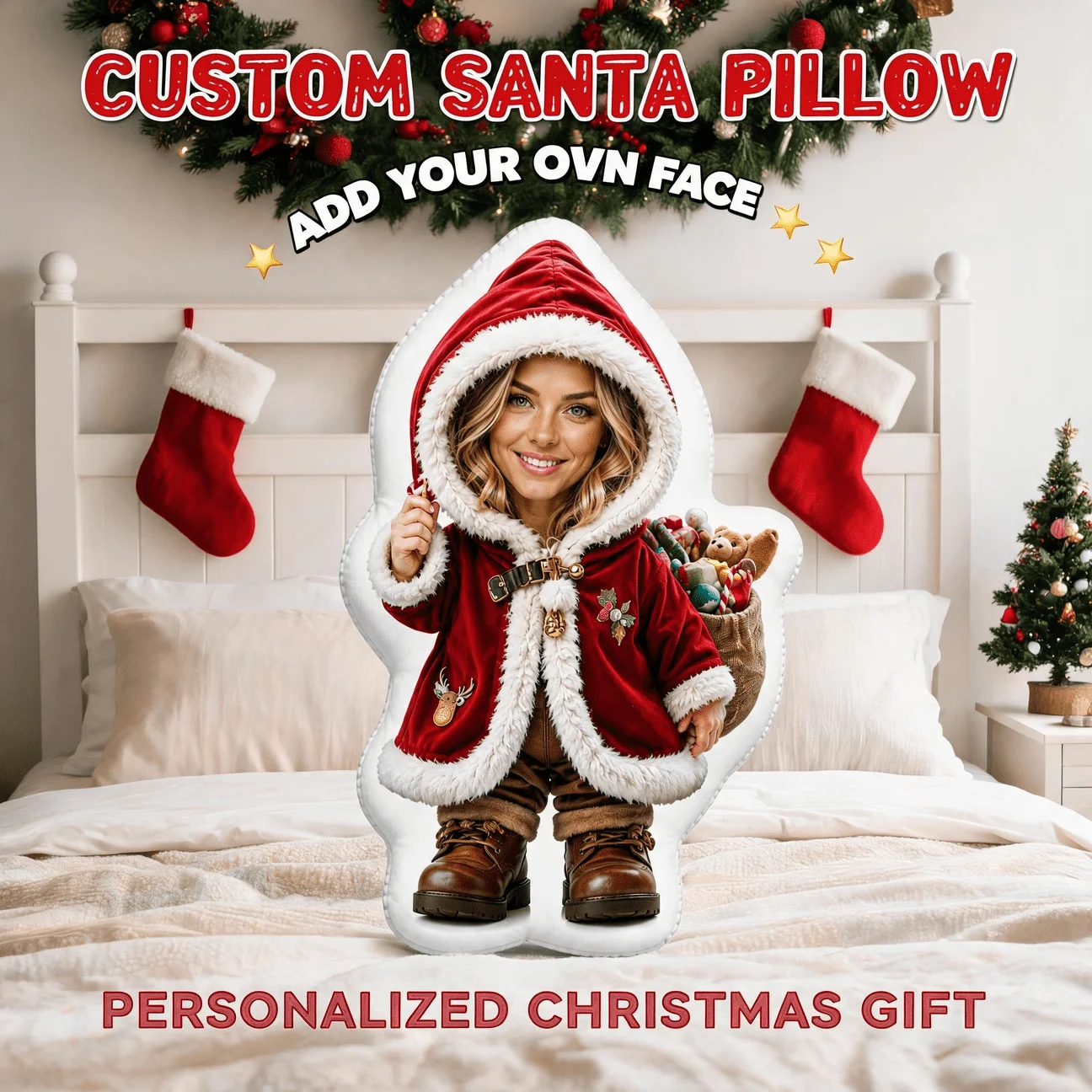 Customized photo pillow with festive red clothing design, customizable facial patterns for home decoration, and a unique gift fo