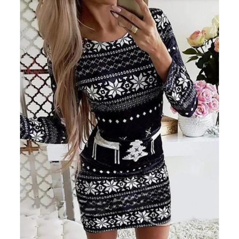 Weihnachten Herbst & Winter Frauen neue Langarm Freizeit kleid weibliche Kleidung Frau digital bedruckte Mode schlanke Kleider