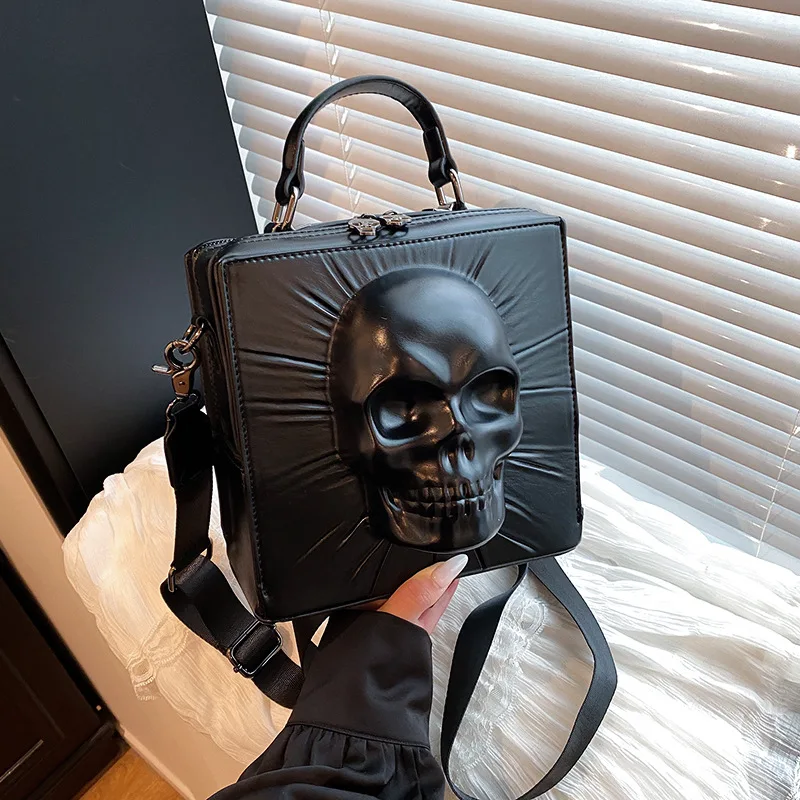 

3D Skull Shape Box Handbag For Men And Women European And American Punk Flaps Personality Rivet Hip Hop Shoulder Messenger Bag