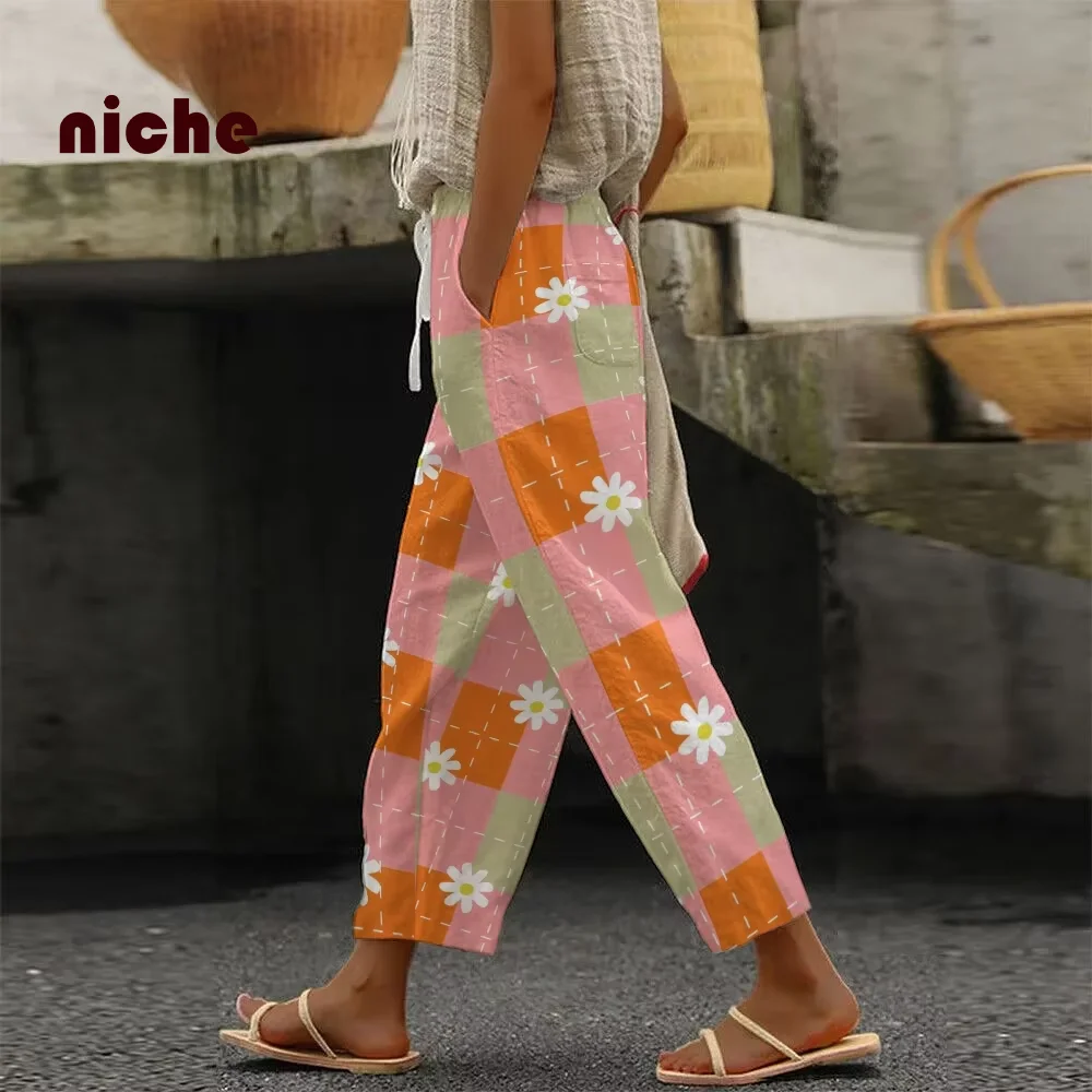 

Pink Plaid Casual Pants for Women , Small Daisy Printing, High-Quality Designer, Trendy Fashion, Nine-Point Radish Pants, New