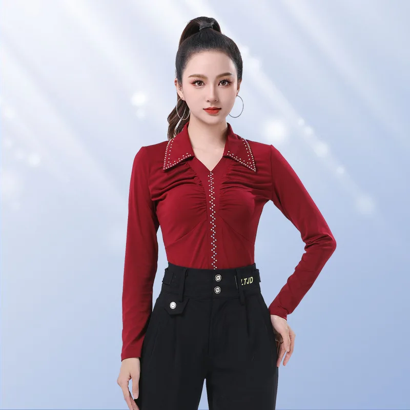 Primavera nuova danza quadrata marinaio sala da ballo danza bavero sottile manica lunga danza moderna top