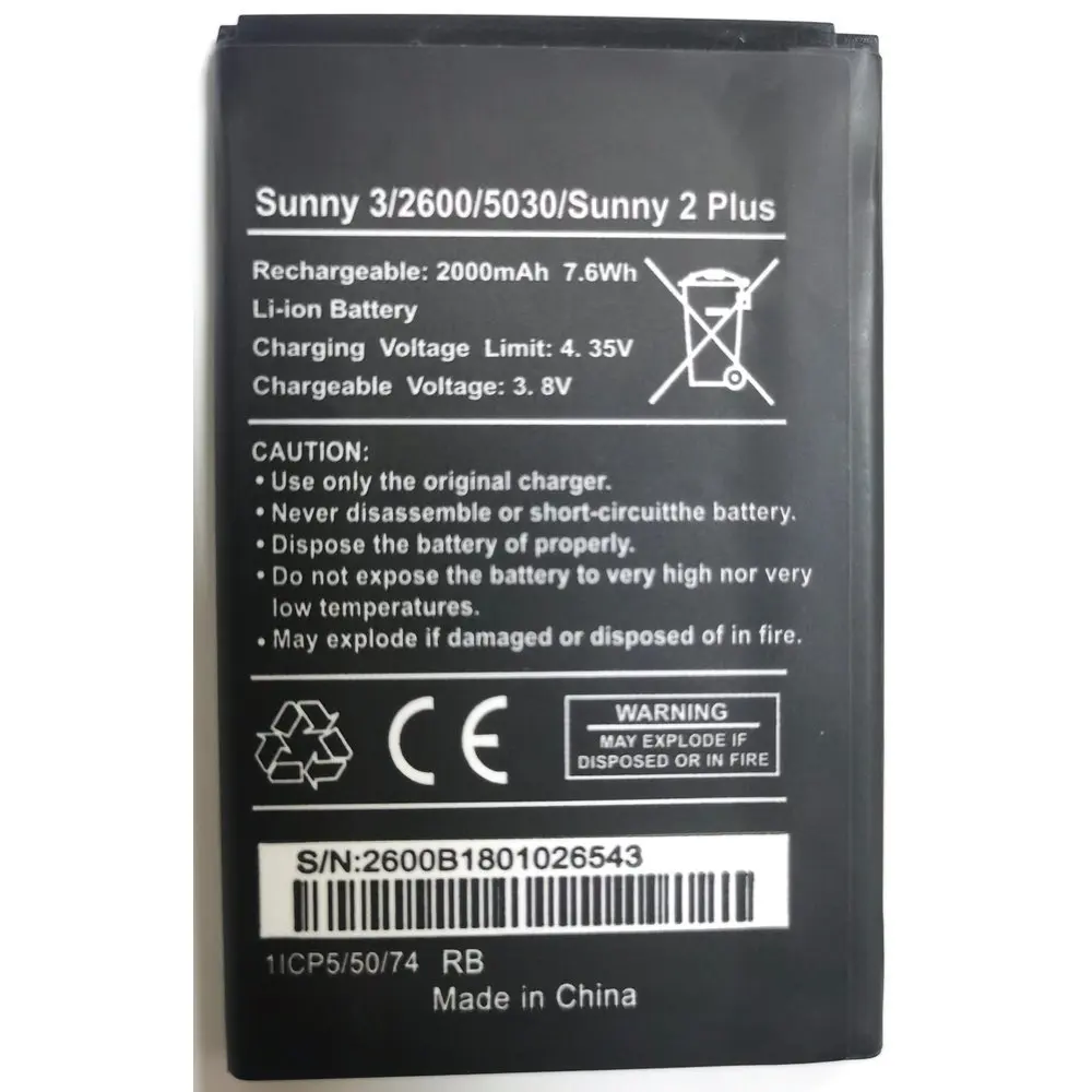 

3,8 В Wiko 2600 Sunny 3 5030 Sunny 2 PLUS Высококачественная перезаряжаемая батарея для мобильного телефона