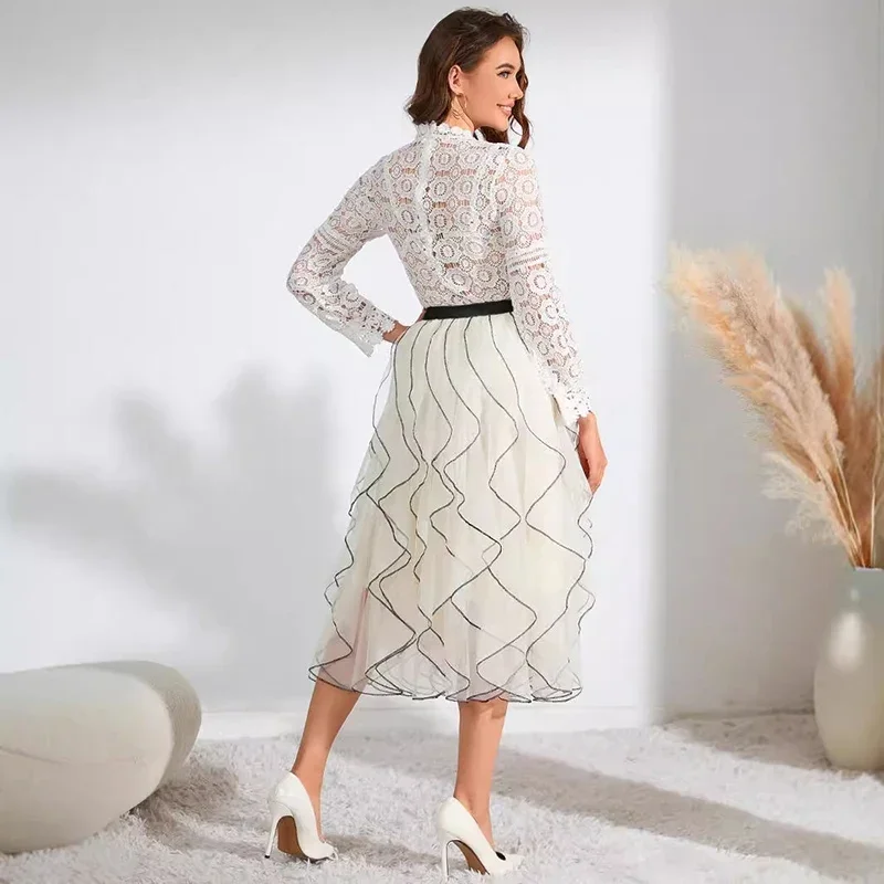 Y2K Women Sheer Tulle Skirt High Street Irregular Layered Ruffled Elastic Long Skirt New Beach Vacation Clubwear Chiffon Skirts