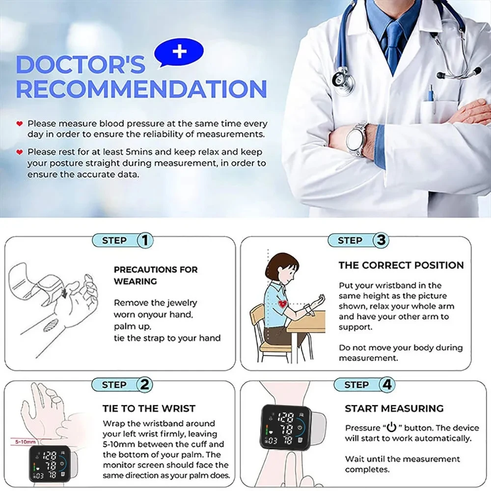 Bluetooth Voice Wrist Blood Pressure Monitor USB Rechargeable Large Display Tonometer Digital Sphygmomanometer baumanometer