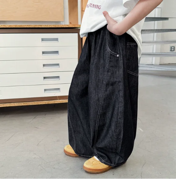 Pants 2026 Spring and Summer New Childrens Clothing Korean Boys and Girls Fashionable Solid Color Loose Casual Jeans Simple