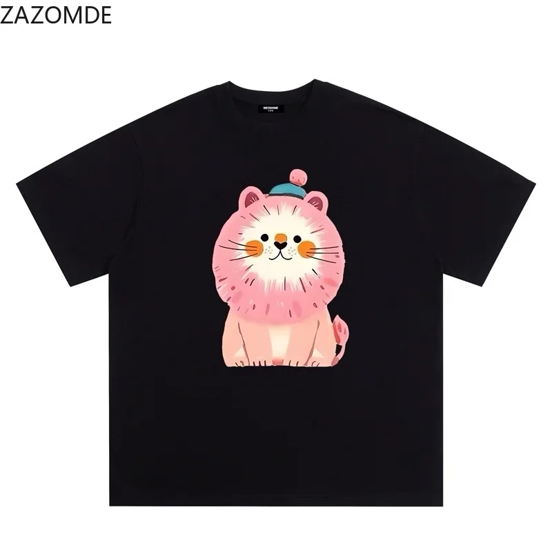 ZAZOMDE Streetwear Pink Cartoon Lion Graphic T-Shirt Unisex Unique Hat Lion Print Cotton Short Sleeve Fashion Personality Tee