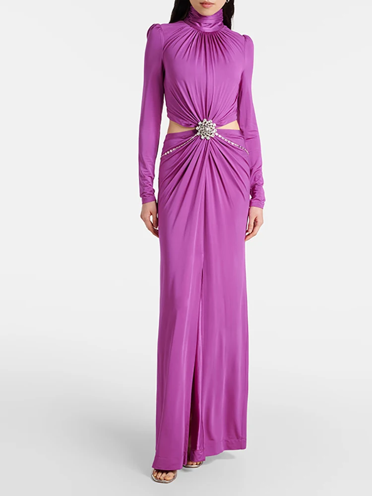 

Sexy High Collar Pleated Hollow Out Flower Pin Long Dress Women Rose Red Long Sleeves Folds Split Slim Dresses Party Evening