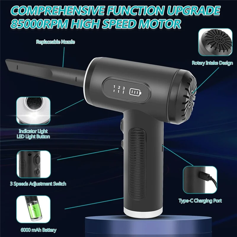 منفضة هواء مضغوط كهربائية 2 في 1 من ABMO، منفضة هواء لاسلكية ومكنسة كهربائية، منفاخ منفضة هواء، 3 سرعات قابلة للتعديل #3