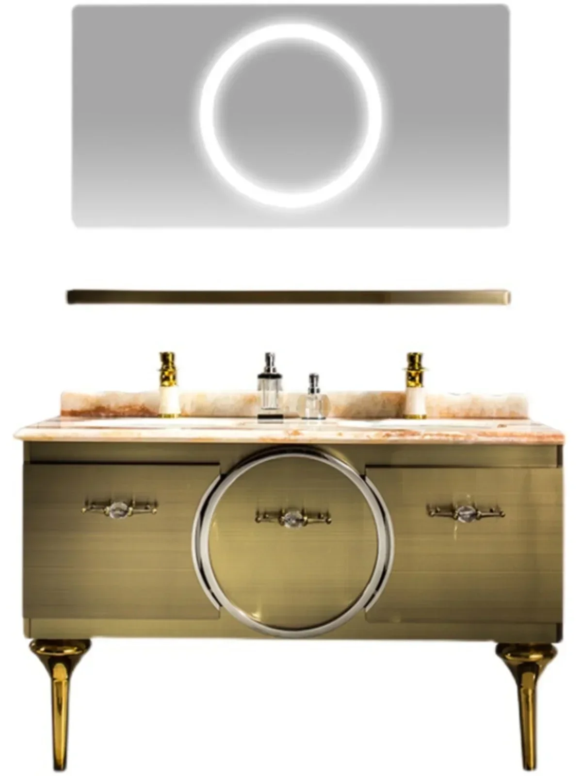 

Light Luxury Stainless Steel Bathroom Cabinet Combination Gold Double Basin Marble Storage