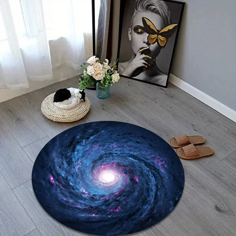Mystical Blue & Purple Galaxy Print Round Mat – Machine Washable Indoor Rug for Bedroom & Living Room