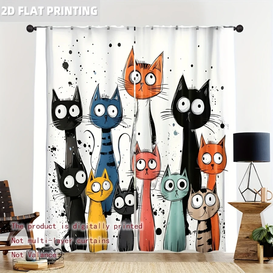 2PCS Digital Print  Curtain, Graffiti Colorful Cat, Rustic Farmhouse Window Treatment Drape for Bedroom Kitchen Decor