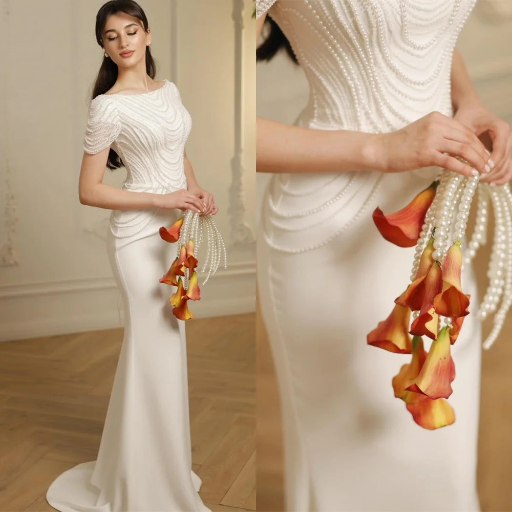 Customized Mermaid Fashion White Jersey Evening Dress Exquisite Short Sleeves Homecoming Dresses Modern Court Train Prom Dress