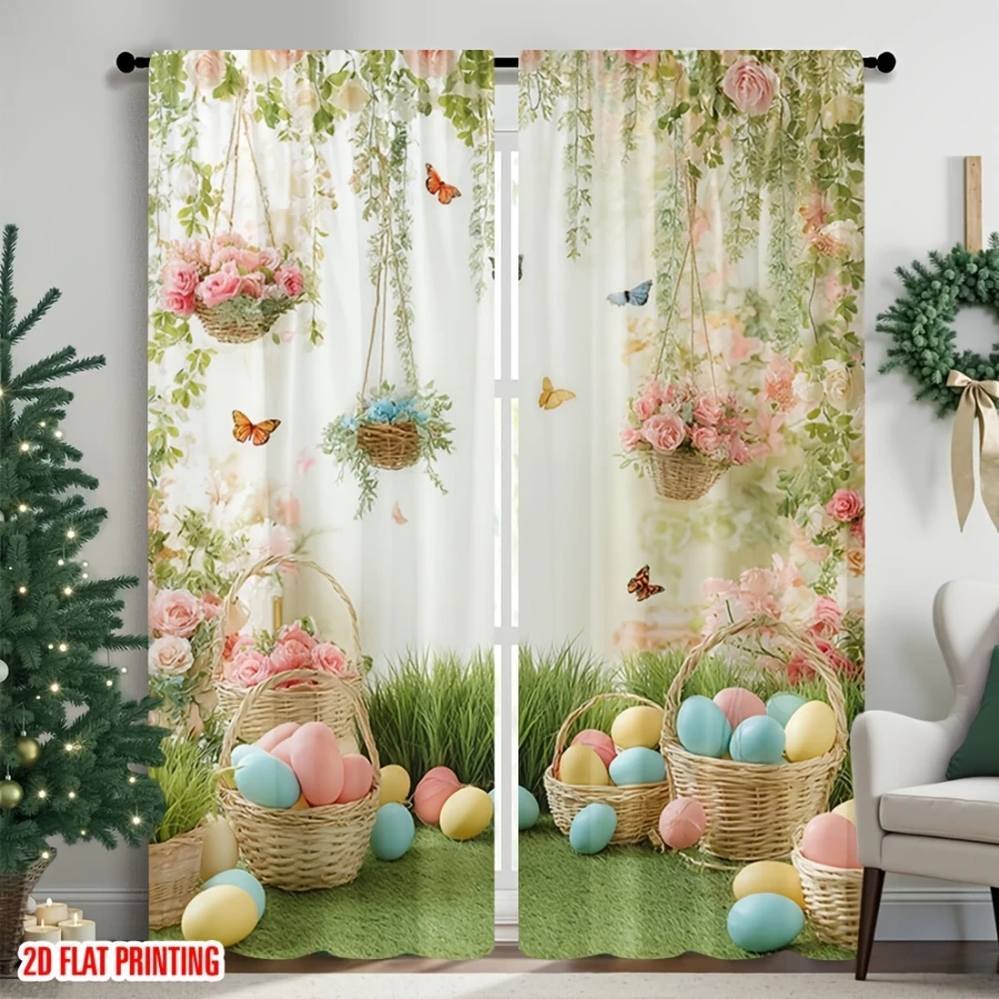 2PCS Digital Print  Curtain, Flower Basket Easter Eggs, Cute Cartoon Pattern  Curtain for Kids Room Bedroom Decor