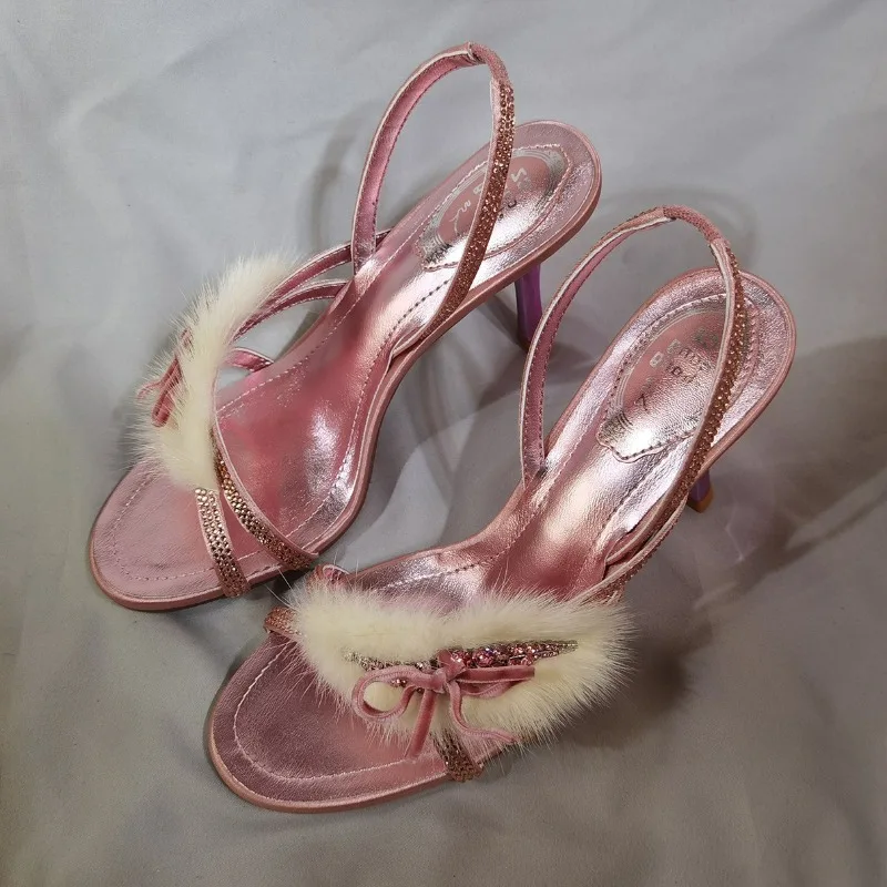 

Luxury Rhinestone Fluffy Women's Sandals Summer 2026 Novelty Open-toe Backless Women Pumps and Heels Sexy Brand Party Dress Shoe