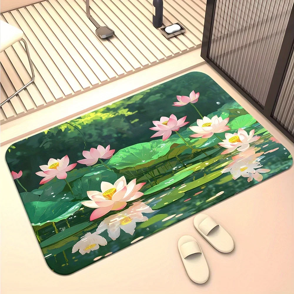 Lotus Water Lilies Pattern Door Mat Non-Slip Polyester Entrance Floor Carpet