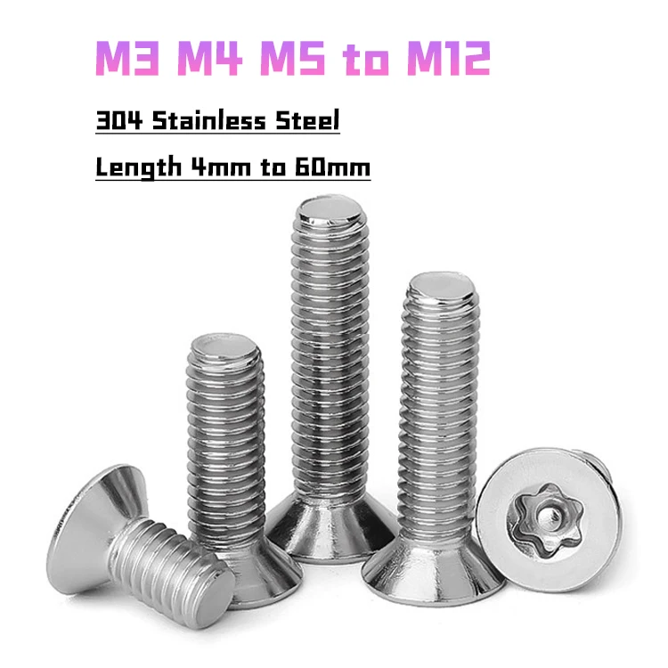 M3 M4 M5 M6 M8 M10 M12 304 Stainless Steel Six-Lobe Torx Flat Countersunk Head with Column Pin Tamper Proof Security Bolt Screw