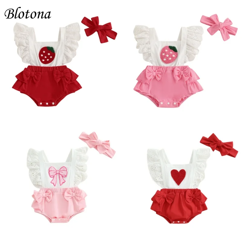 Blotona Baby Girl Summer Outfits Ruffled Fly Sleeve Square Neck Fuzzy Strawberry Romper Dress with Headband Infant Cute Set