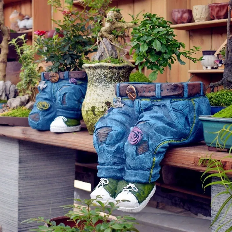 1pcs Vintage Resins Jeans Garden Decor Sculpture Outdoor Flower Pot for Balcony Yard Gardening Durable Decorative Plant Containe